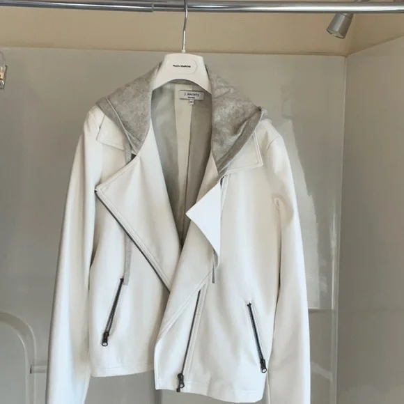 Jacket vegan leather moto style white with gray hood insert - Picture 5 of 7